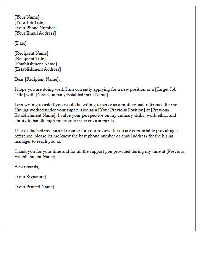 Food and Beverage Professional Reference Request Letter