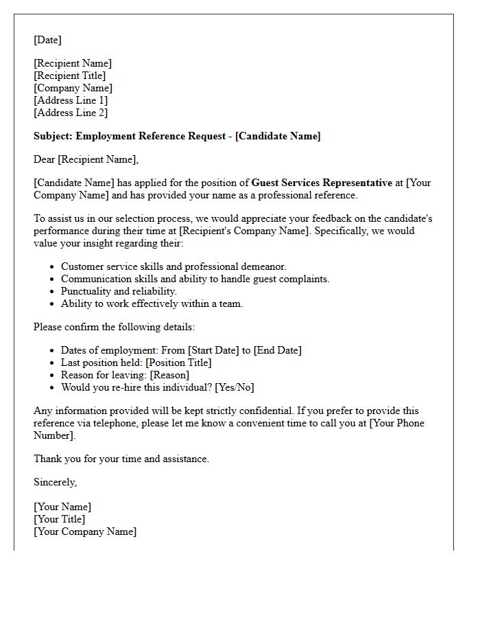Guest Services Candidate Employment Reference Request Letter