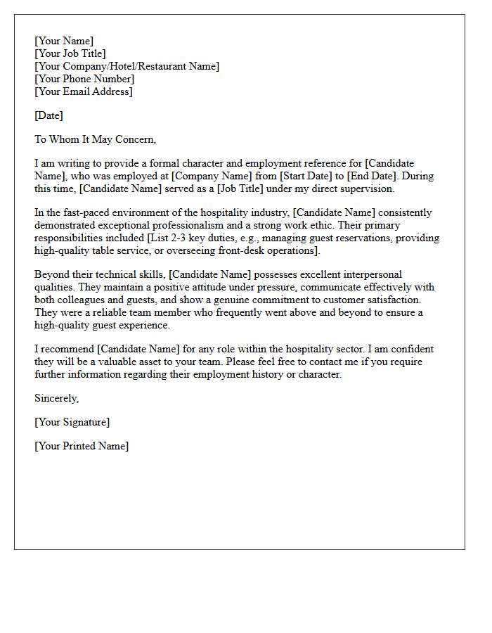 Hospitality Candidate Character and Employment Reference Letter