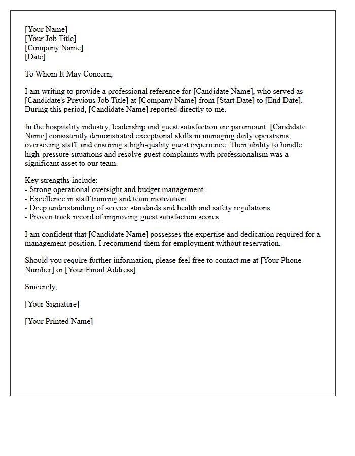 Hospitality Management Candidate Background Reference Letter
