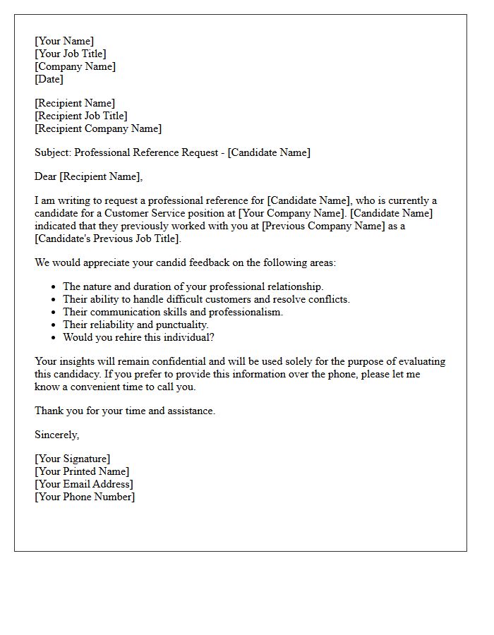 Professional Reference Request Letter for Customer Service Candidate