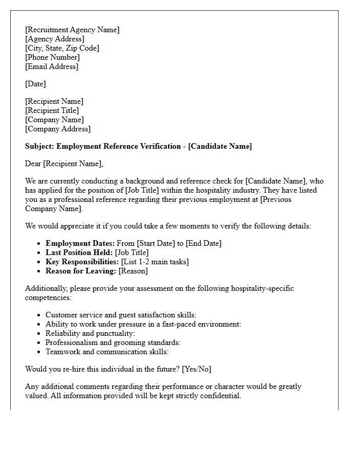 Recruitment Agency Reference Verification Letter for Hospitality Professional