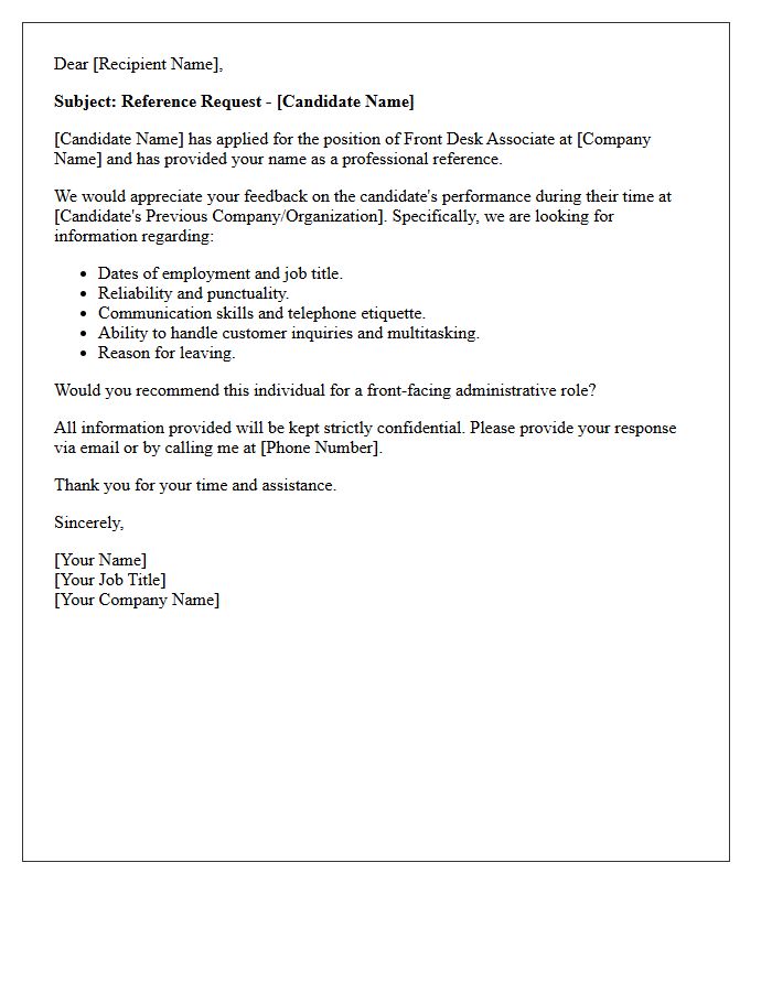 Recruitment Reference Request Letter for Front Desk Associate