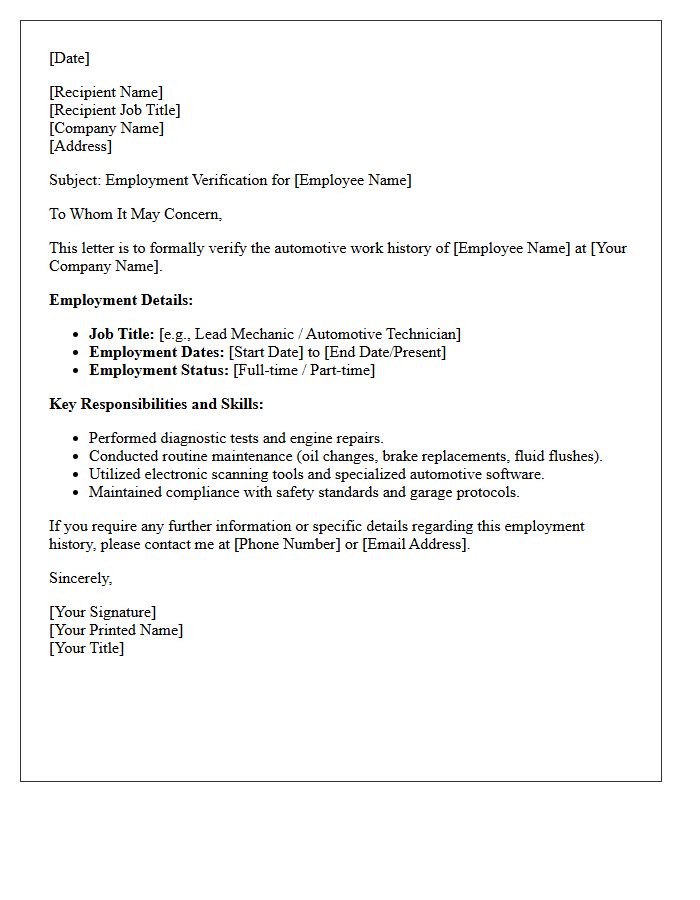 Automotive Mechanic Work History Verification Letter
