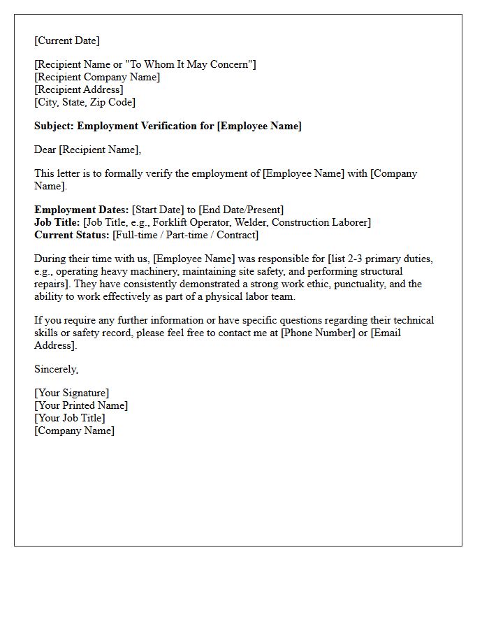 Blue-Collar Worker Employment Verification Reference Letter