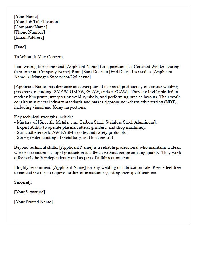 Certified Welder Technical Skill Reference Letter