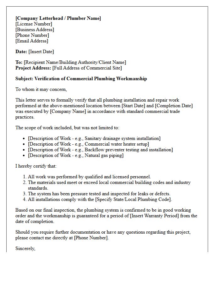 Commercial Plumber Workmanship Verification Letter