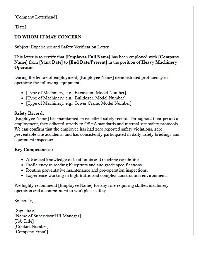 Heavy Machinery Operator Safety And Experience Letter