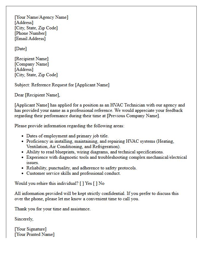 HVAC Technician Agency Reference Request Letter