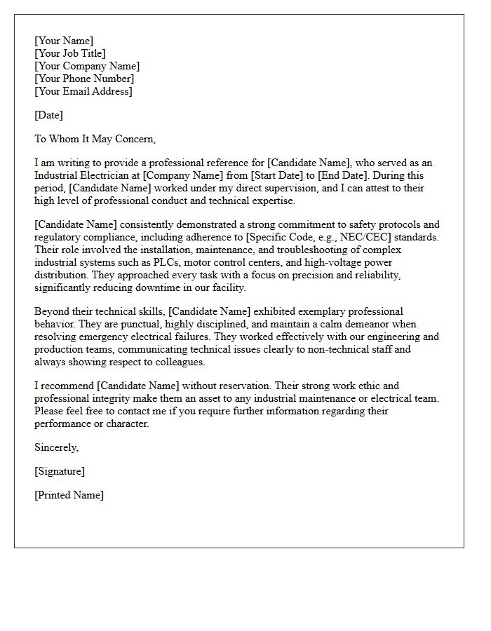 Industrial Electrician Professional Conduct Reference Letter