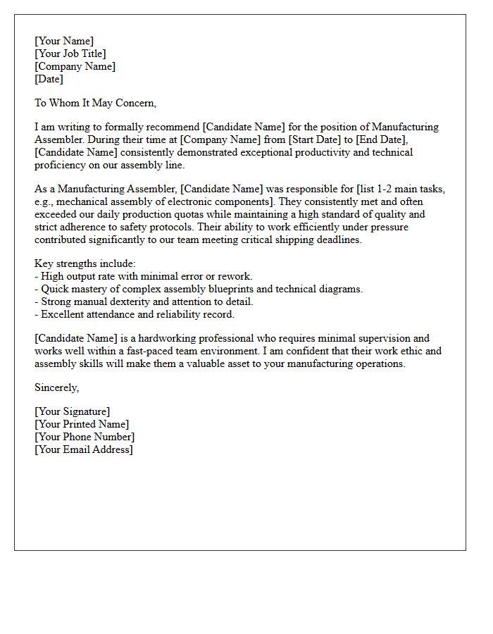 Manufacturing Assembler Productivity Reference Letter