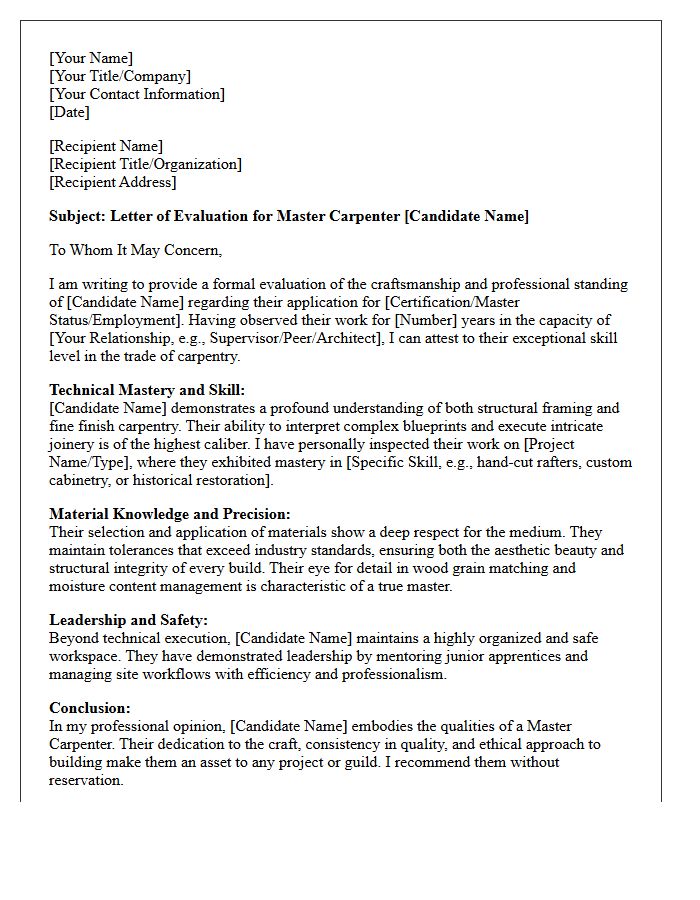 Master Carpenter Craftsmanship Evaluation Letter