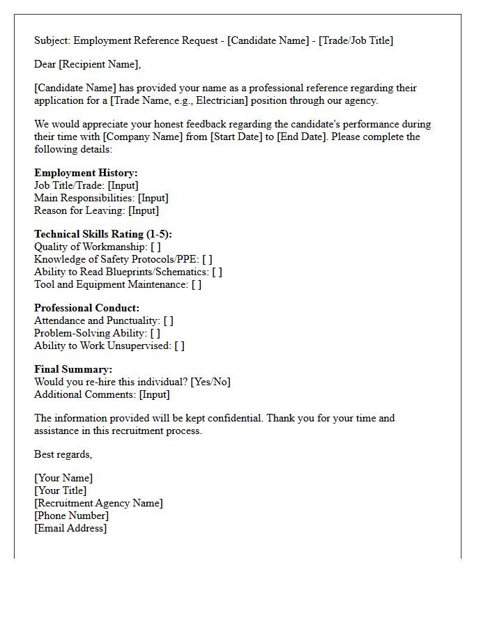 Recruitment Agency Skilled Trade Reference Request Letter
