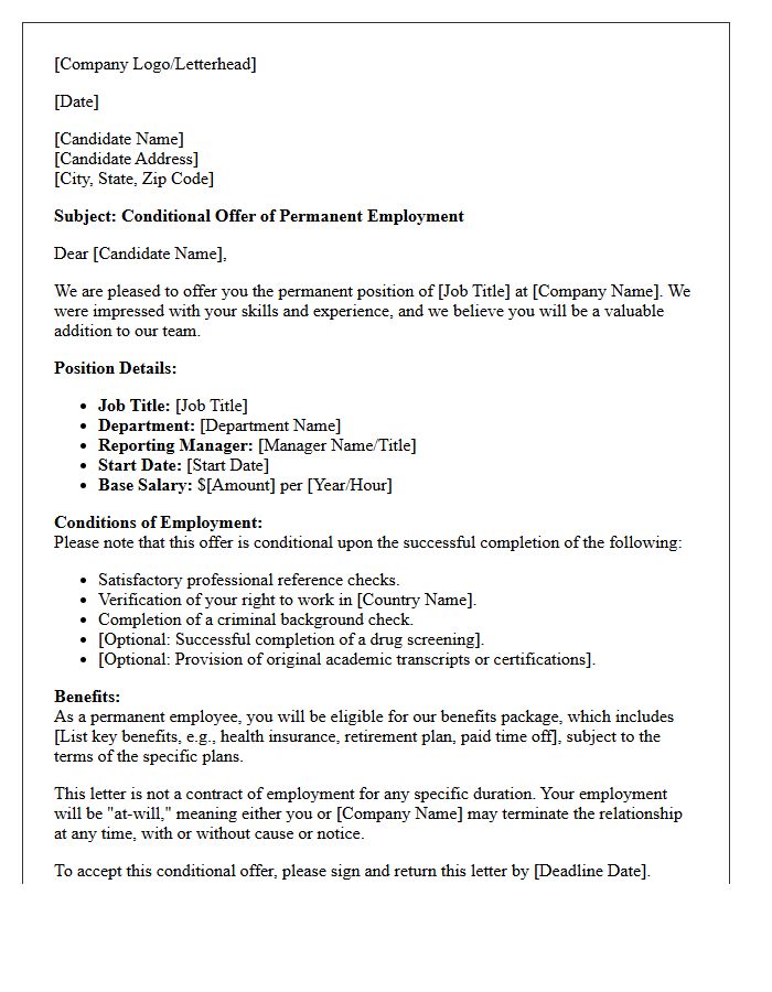 Conditional Permanent Placement Offer Letter