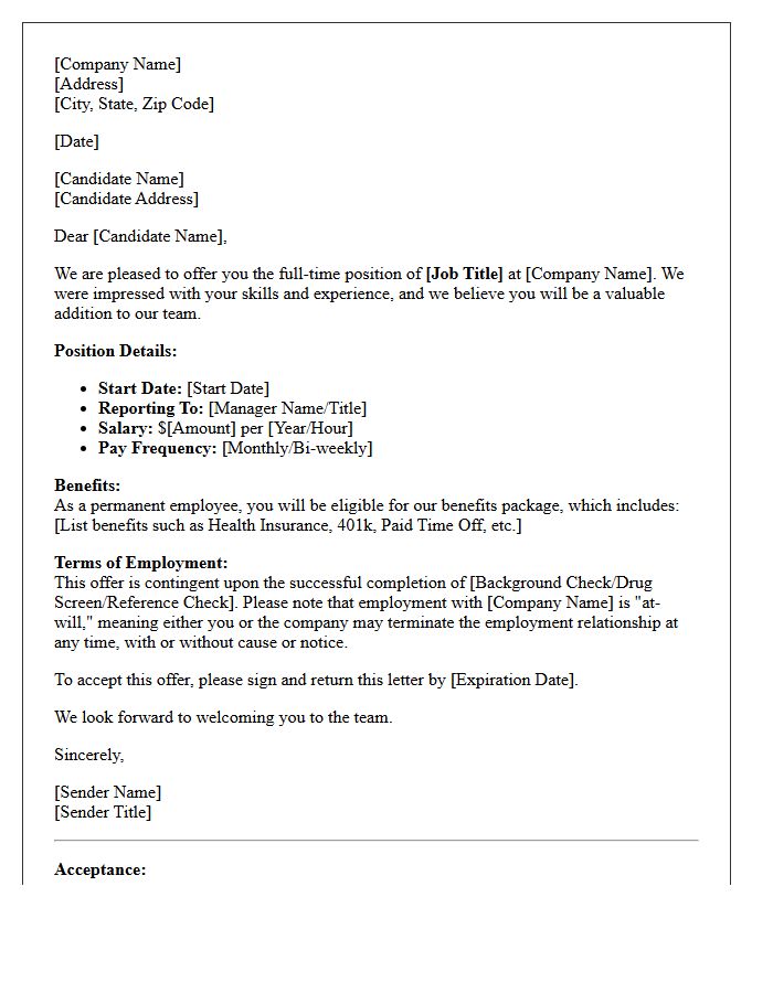 Direct Hire Permanent Placement Offer Letter