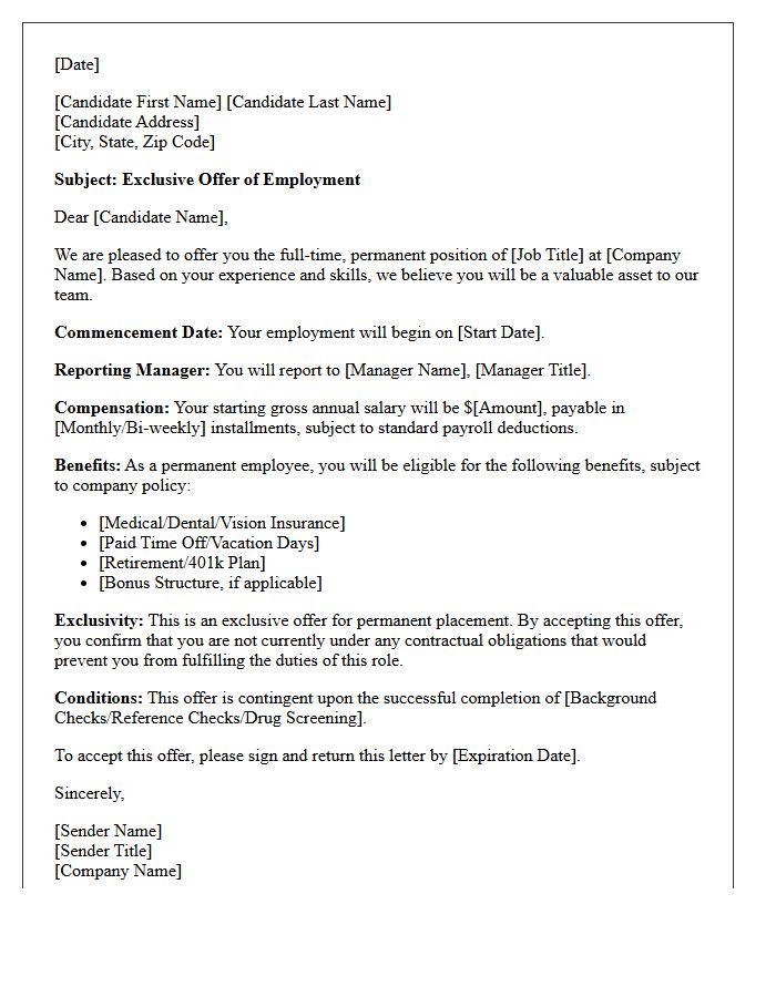 Exclusive Permanent Placement Offer Letter