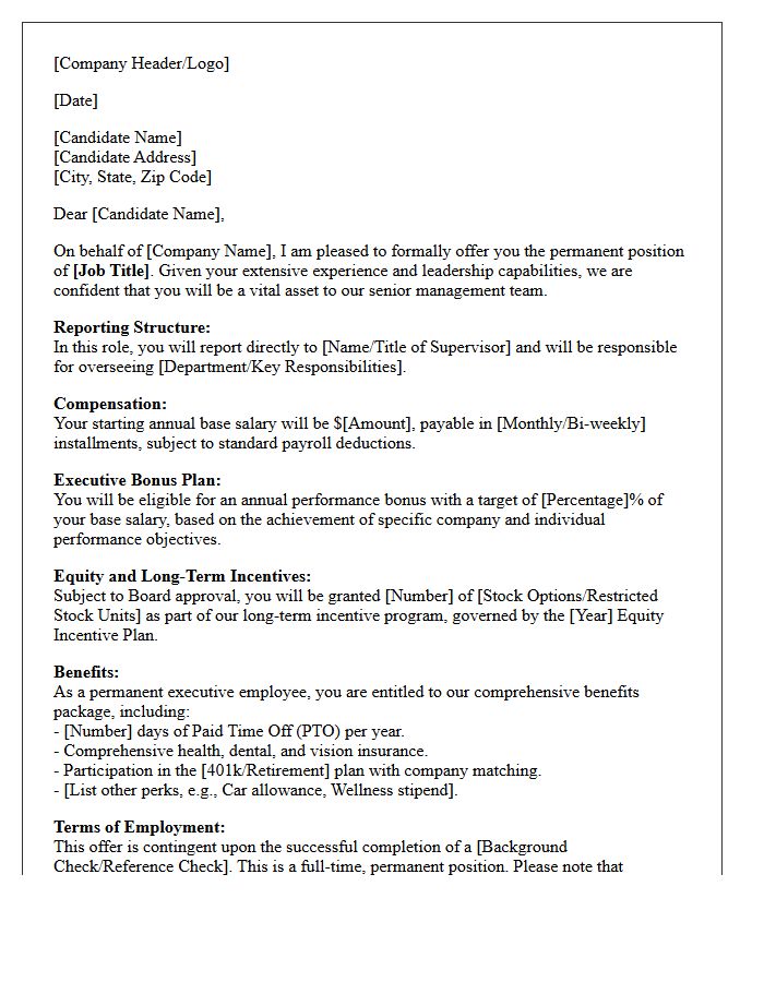 Senior Management Permanent Placement Offer Letter