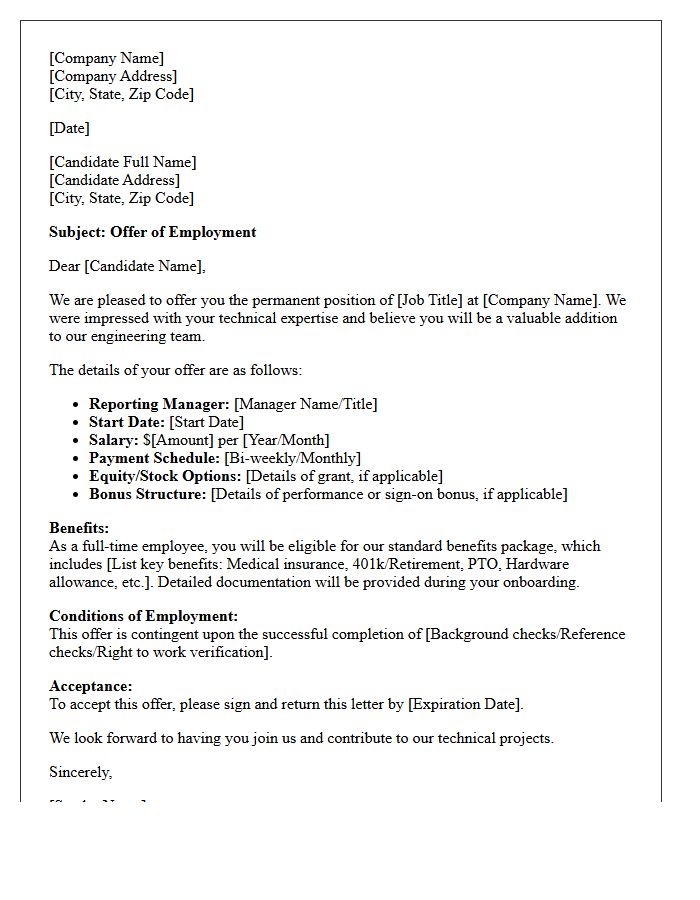 Technical Role Permanent Placement Offer Letter