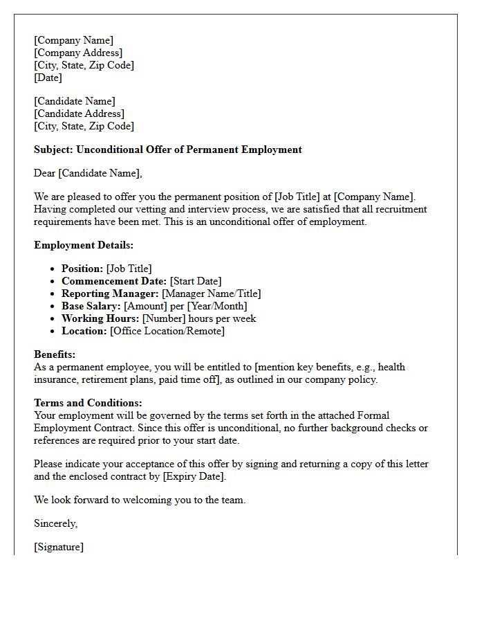 Unconditional Permanent Placement Offer Letter
