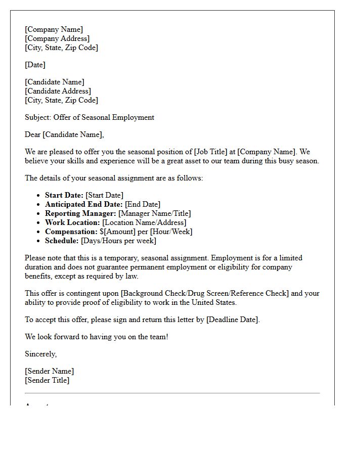 Seasonal Assignment Offer Letter