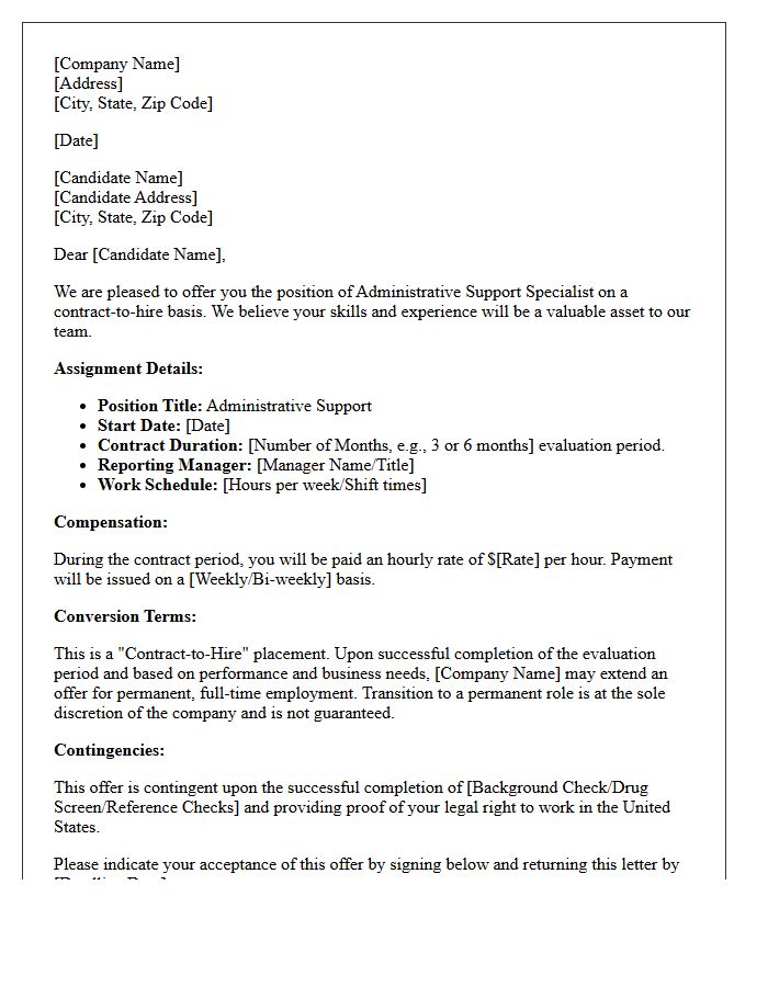 Administrative Support Contract-to-Hire Placement Offer Letter