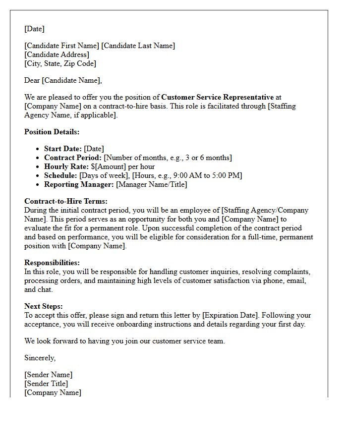 Customer Service Contract-to-Hire Placement Offer Letter