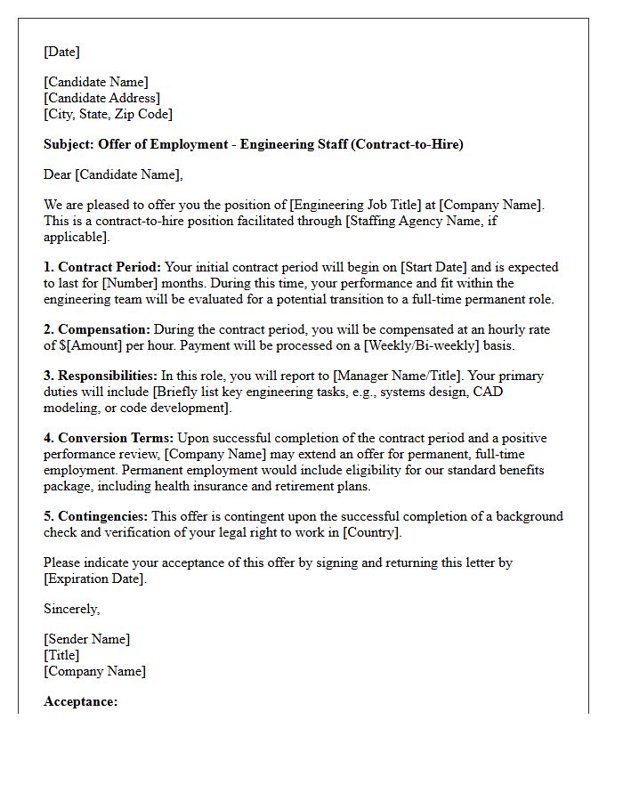 Engineering Staff Contract-to-Hire Placement Offer Letter