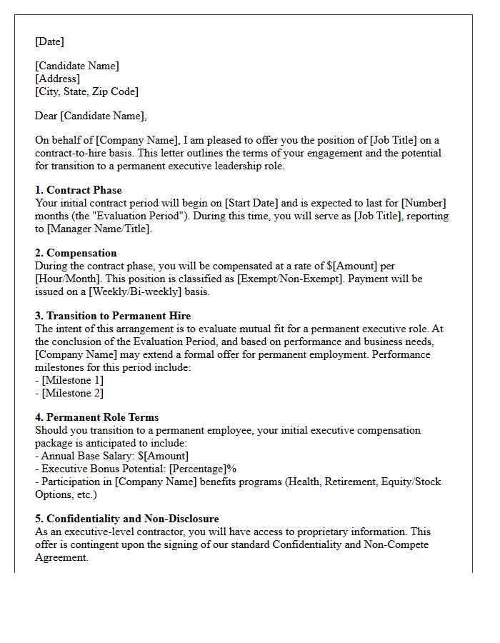 Executive Leadership Contract-to-Hire Placement Offer Letter