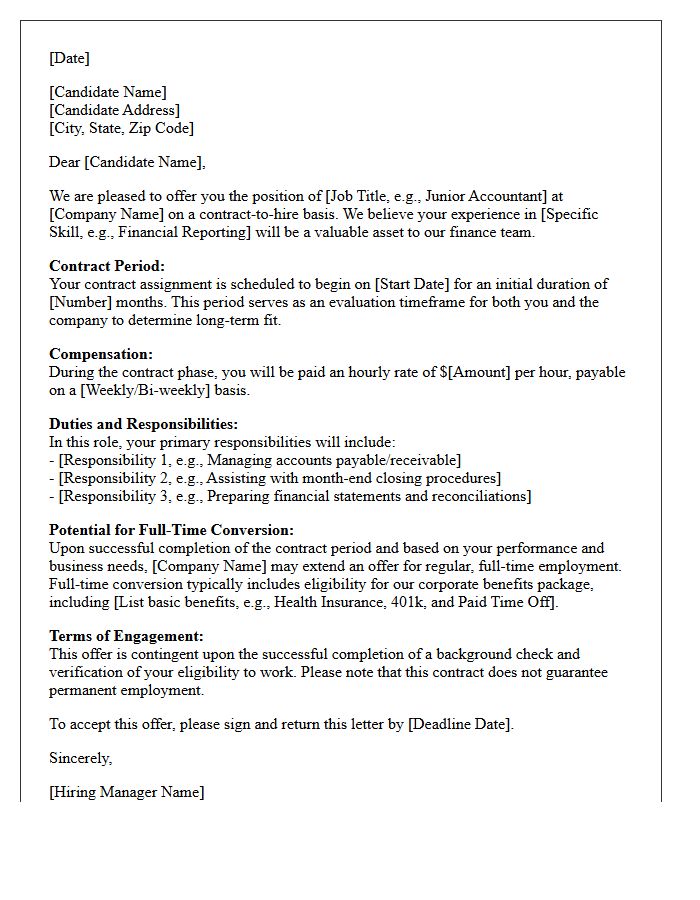 Finance and Accounting Contract-to-Hire Placement Offer Letter