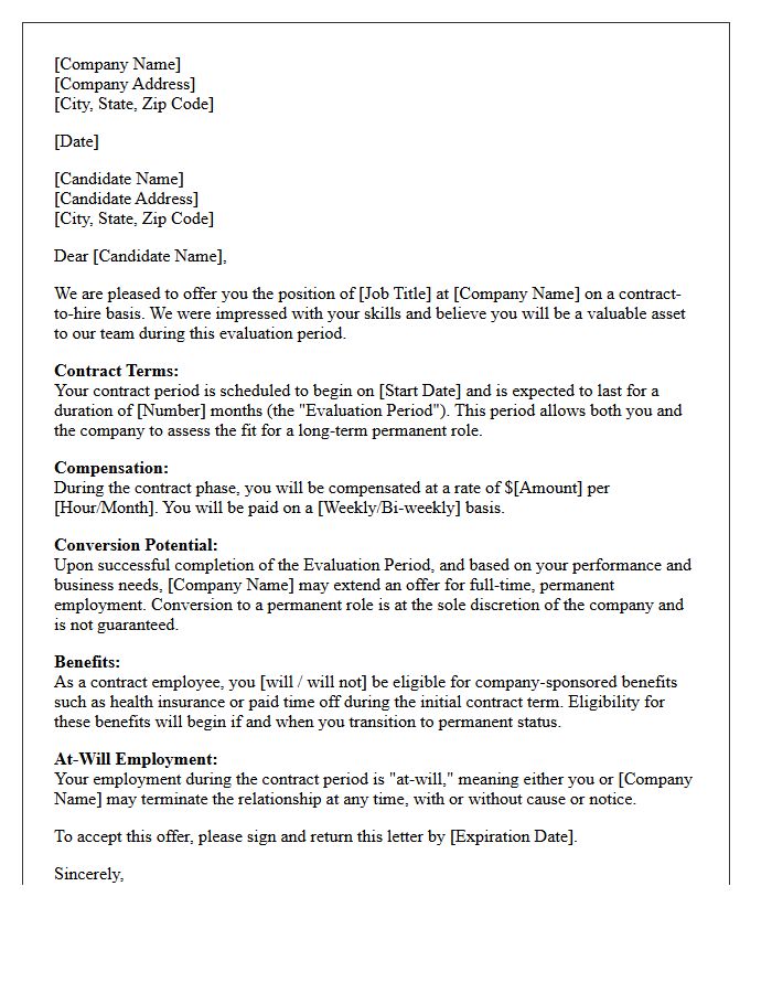 Human Resources Contract-to-Hire Placement Offer Letter