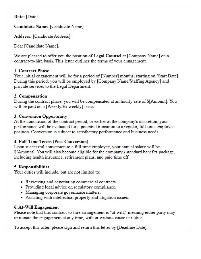 Legal Counsel Contract-to-Hire Placement Offer Letter
