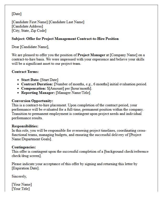 Project Management Contract-to-Hire Placement Offer Letter