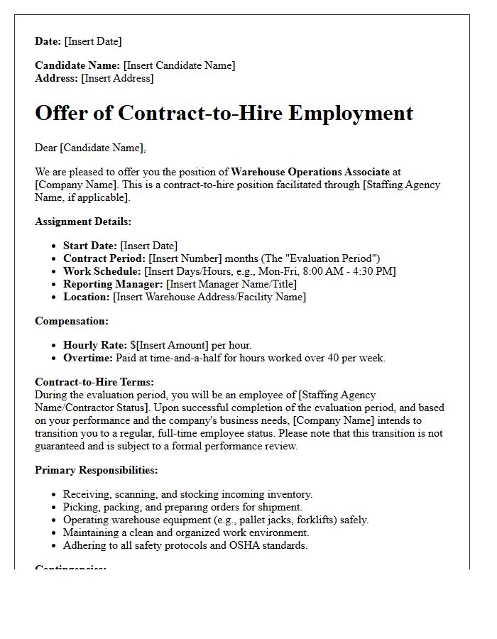 Warehouse Operations Contract-to-Hire Placement Offer Letter