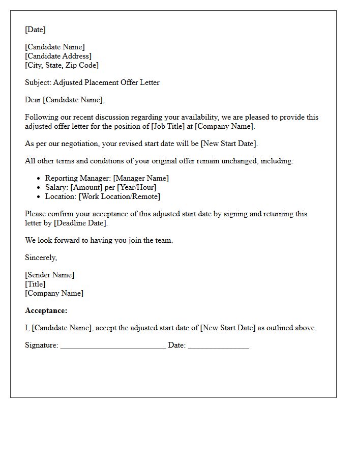 Adjusted Placement Offer Letter Following Start Date Negotiation