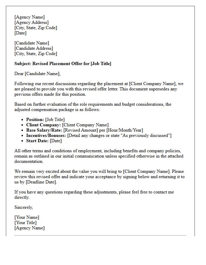 Agency Revised Placement Offer Letter with Adjusted Compensation