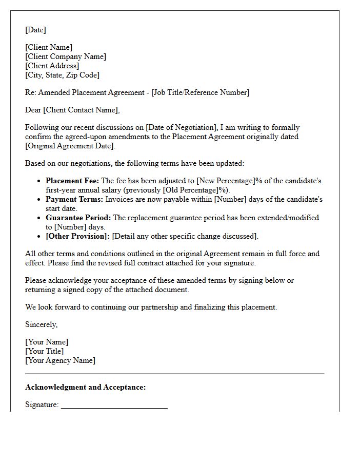 Amended Placement Agreement Letter Following Client Negotiation