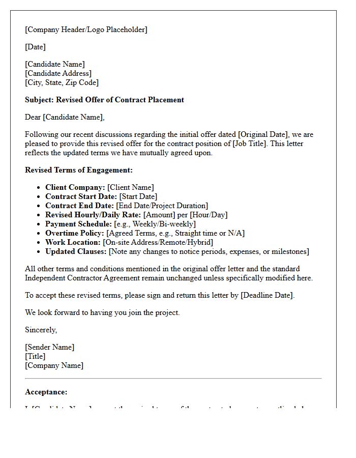 Negotiated Terms Revised Placement Offer Letter for Contract Roles