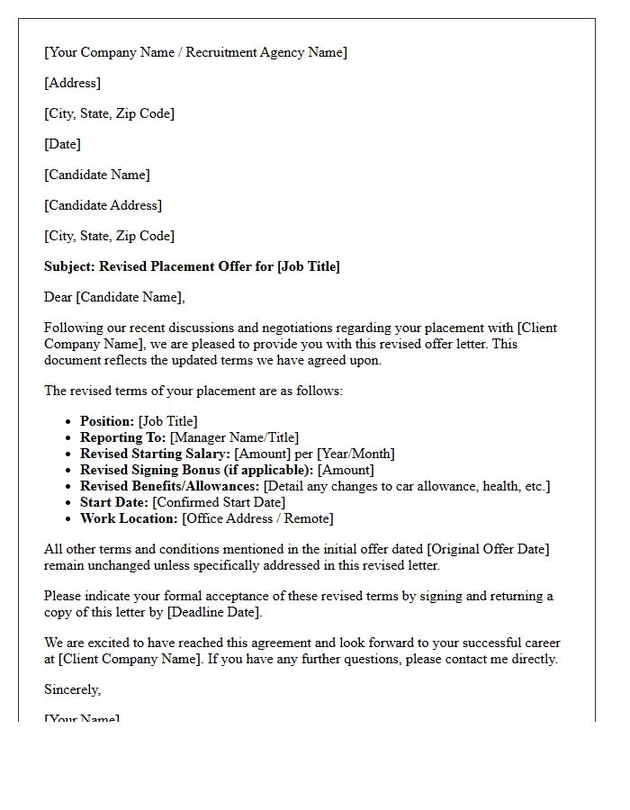 Recruitment Services Revised Placement Offer Letter Following Negotiation