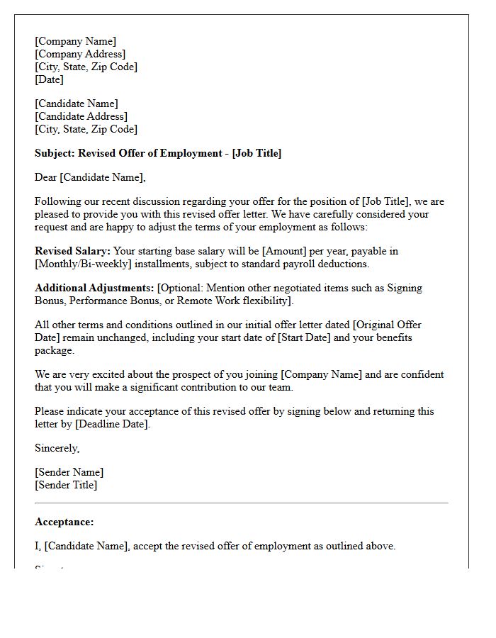 Revised Placement Offer Letter Following Candidate Salary Negotiation