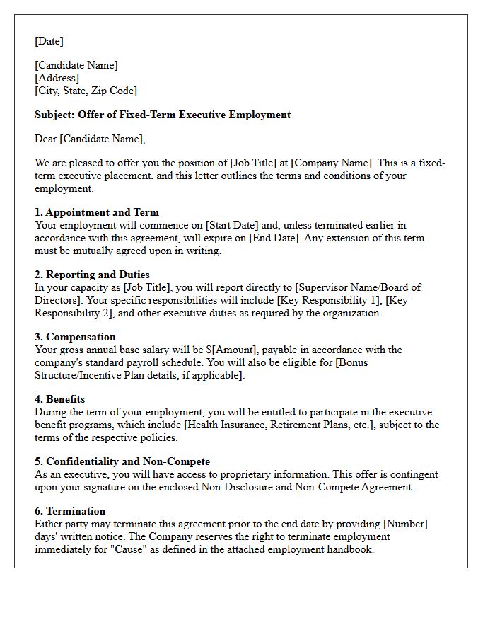 Executive Level Fixed-Term Contract Placement Offer Letter