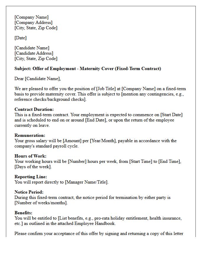 Maternity Cover Fixed-Term Contract Placement Offer Letter