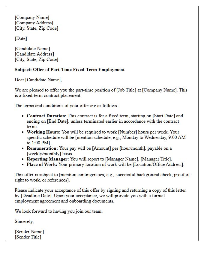 Part-Time Fixed-Term Contract Placement Offer Letter