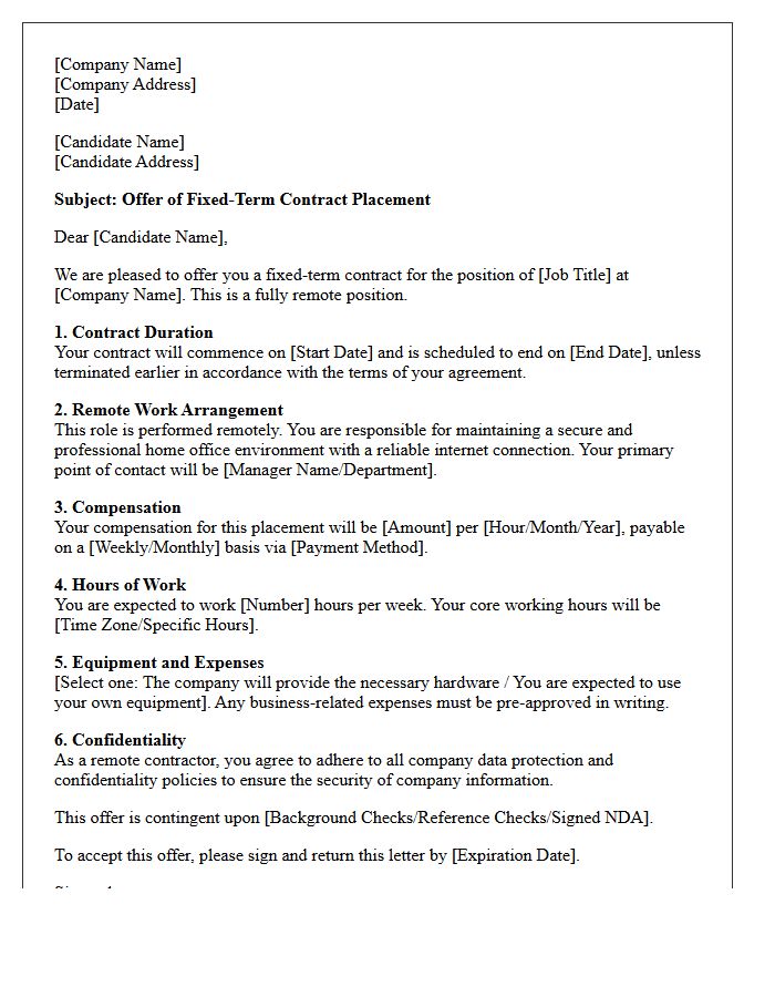 Remote Role Fixed-Term Contract Placement Offer Letter