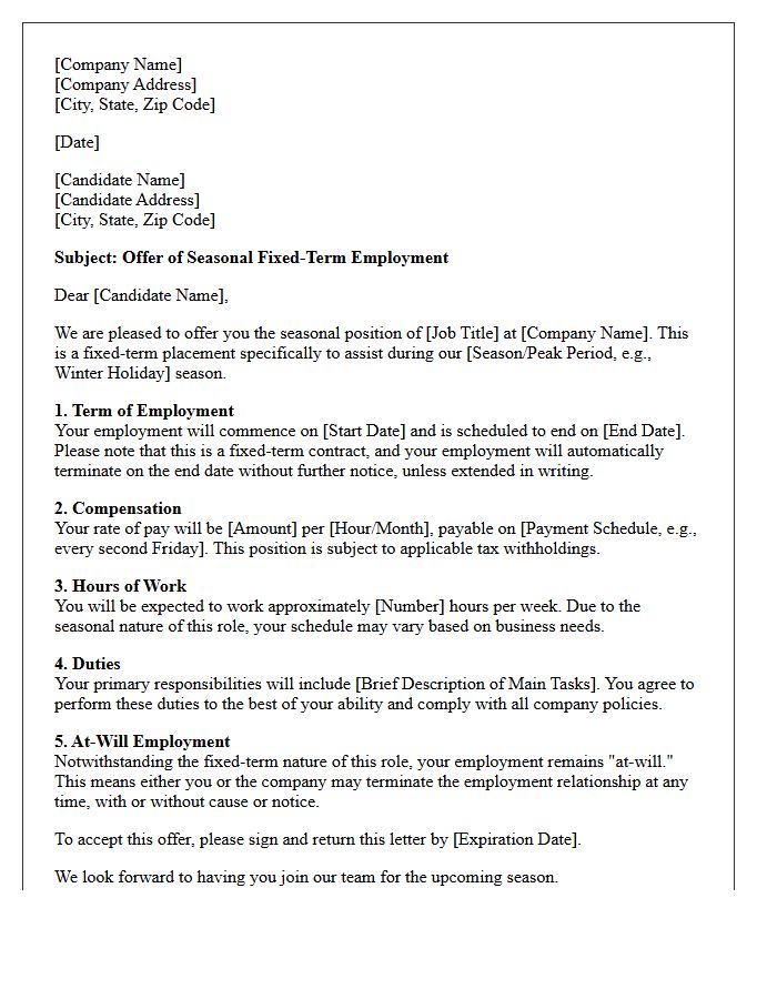 Seasonal Fixed-Term Contract Placement Offer Letter