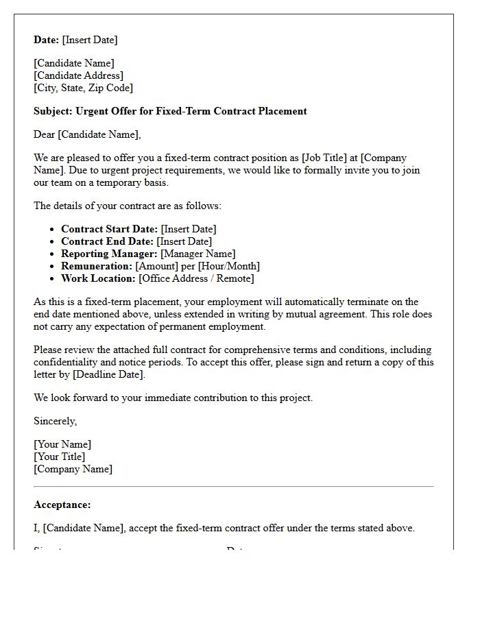 Urgent Requirement Fixed-Term Contract Placement Offer Letter