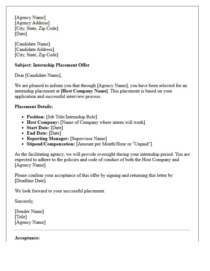 Agency Facilitated Internship Placement Offer Letter