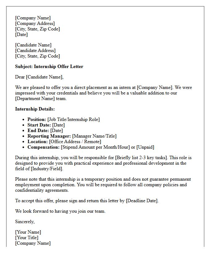 Candidate Direct Internship Placement Offer Letter