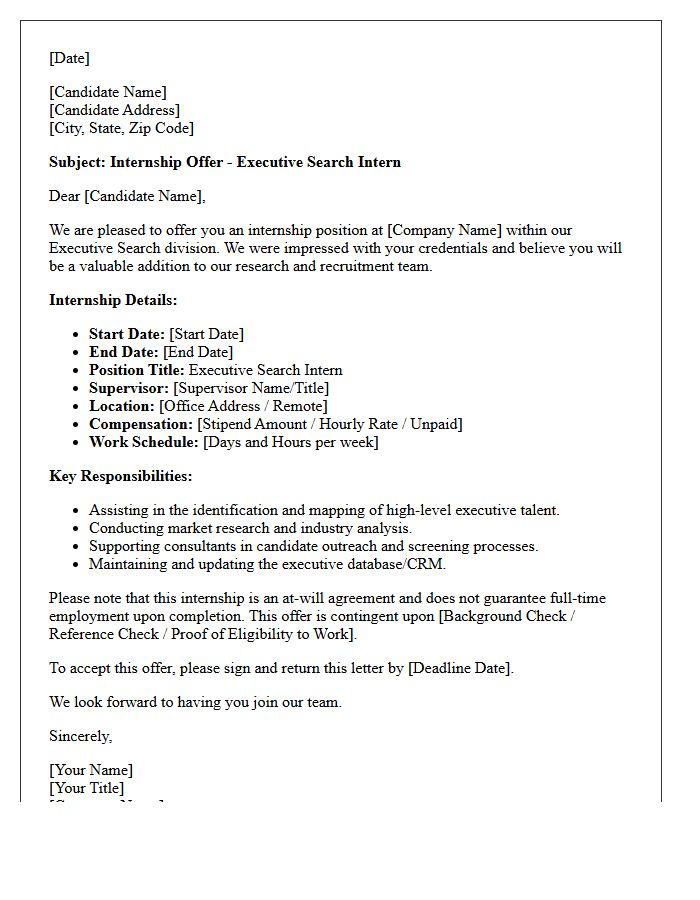 Executive Search Internship Placement Offer Letter