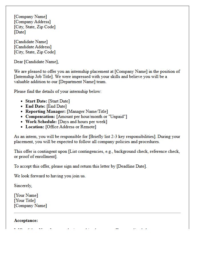 Pre-Employment Internship Placement Offer Letter