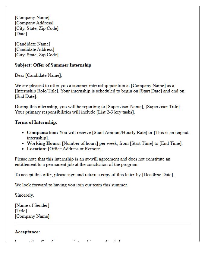 Summer Internship Placement Offer Letter